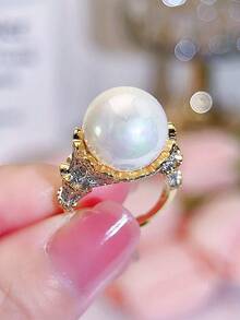 1 件独特混合两枚镀金微镶嵌闪亮方晶锆石可调节珍珠戒指优雅新娘结婚珠宝 - 彩色 - 查看 4