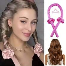 1set Heatless Curling Rod Headband For Long Hair Rollers For Women, Hair Overnight Curl Wrap Heatless Hair Curling Wrap Kit, Slouchy Hair Curler With Scrunchies Hair Claw Clips,Travel, Home, Student Dormitory Toiletries - Hot Pink - View 1