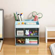 1pc Transparent Drawer Bunny Shape Hair Accessories Organizer, Cartoon Creative Office Desktop Pen Holder - Blue - View 5