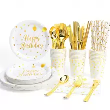 84 pièces Set de fournitures pour fête d'anniversaire dorée, assiettes jetables en feuille d'or, assiettes en papier blanc et doré de 7/9 pouces, gobelets, serviettes avec feuille d'or, parfait pour la décoration de fête d'anniversaire