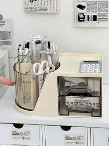 1入組小/大尺寸可旋轉圓柱形桌面文具組織盒帶抽屜，辦公室和學校用品收納筆筒 - 黃色 - 查看 1