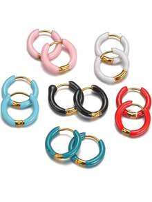 1對彩色不鏽鋼亮麗油墜式夾耳環,時尚睿莉風格,適合女性 - 圓形 - 查看 8