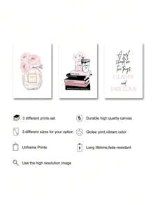 Set Of 3 Pink Fashion Quotes Art Poster Books Floral Perfume Painting Canvas Print Beauty Salon Makeup Wall Picture Girl Room Decor,Home Living Room Bedroom Dorm Decoration - Apricot - View 3