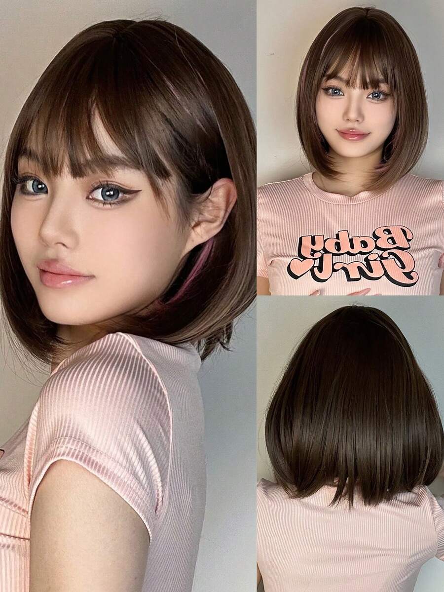 Haircube 12 吋女式短直髮假髮,酒紅色酒紅色和黑色多彩合成假髮,搭配瀏海鮑伯假髮,適合日常生活和派對。