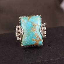 (主石材質隨機) 華麗復古的女士時尚綠松石戒指,主石頭為方形,優雅適用於訂婚、婚禮、派對珠寶 - 藍色 - 查看 2