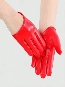 1pair Backless Half Finger Black Pu Leather Dance Costume Gloves - Red - View 3