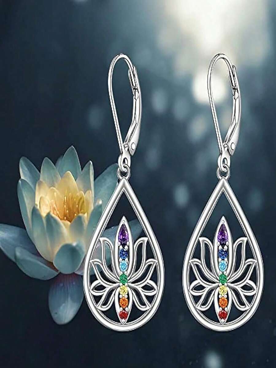 1對歐美風格女性時尚蓮花珠寶彩色立方氧化鋯耳環,適合婚禮、派對、情人節禮物 - 彩色 - 查看 1