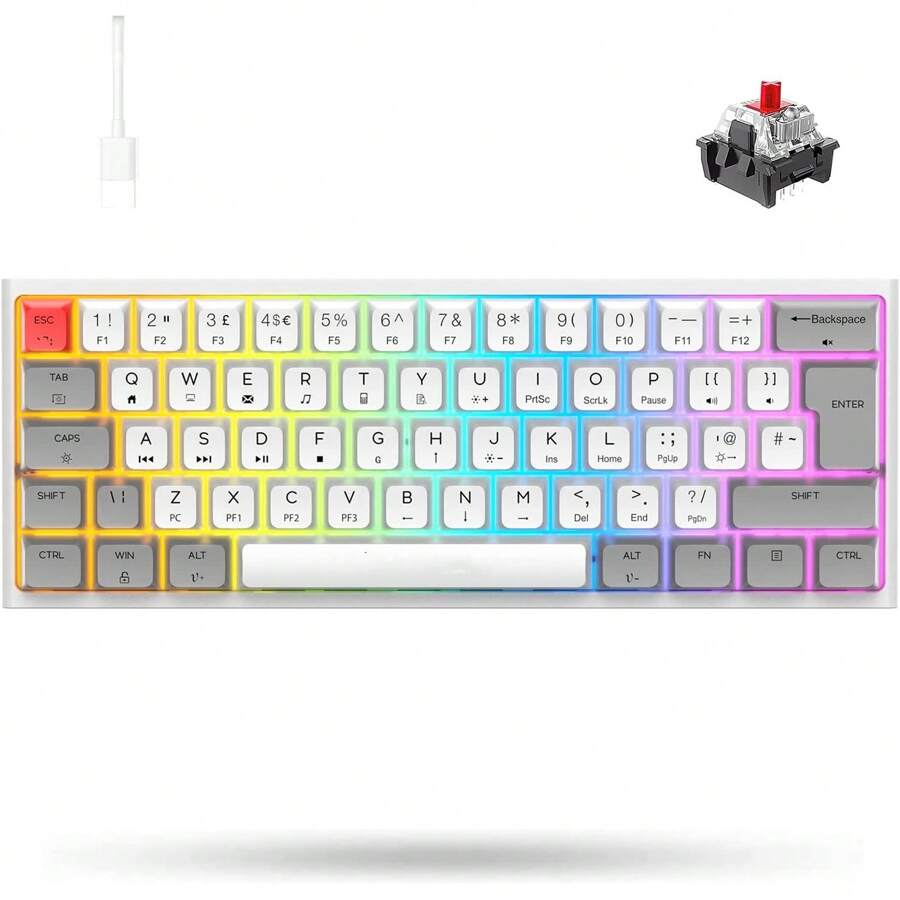 Wired Mechanical Gaming Keyboard Portable 61 Key RGB Backlit Ergonomic - Light Grey - View 1