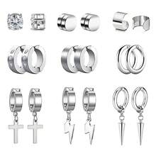 9pairs/Set Unpierced Stainless Steel Earrings Clip-On Set For Men And Women, With Cross, Lightning And Cone Pendants - Silver - View 1