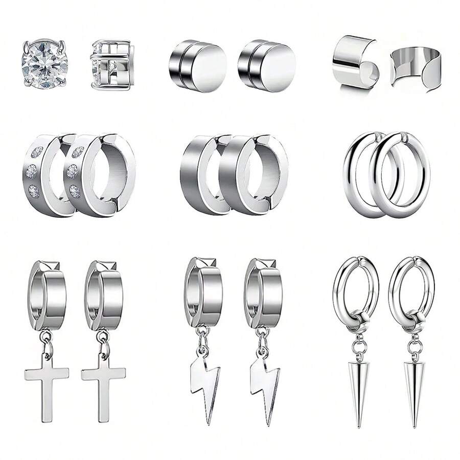 9pairs/Set Unpierced Stainless Steel Earrings Clip-On Set For Men And Women, With Cross, Lightning And Cone Pendants - Silver - View 1
