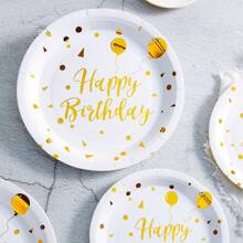 84 pièces Set de fournitures pour fête d'anniversaire dorée, assiettes jetables en feuille d'or, assiettes en papier blanc et doré de 7/9 pouces, gobelets, serviettes avec feuille d'or, parfait pour la décoration de fête d'anniversaire