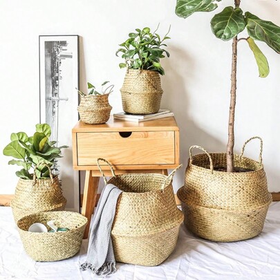Natural Seagrass Hand Woven Working Rattan Wicker Storage Basket Planting Folding Flower Pot Products Laundry Basket Home Garden Belly Flower Pot Home Decoration