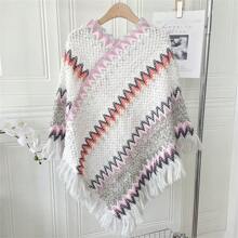 1pc Women'S Shawl With Fringe For Spring And Autumn, Warm Cape Poncho For Outerwear - Champagne - View 5
