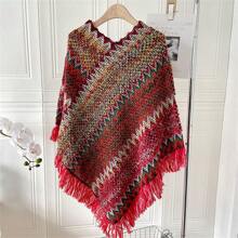1pc Women'S Shawl With Fringe For Spring And Autumn, Warm Cape Poncho For Outerwear - Champagne - View 2
