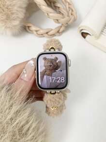 1 件可愛毛毛蟲般兔毛般卡其色彈性錶帶相容於 Apple Watch S9/s8/s7/se 等所有型號,適合所有季節和手腕尺寸。可愛的毛絨智慧手錶配件 - 卡其色 - 查看 3