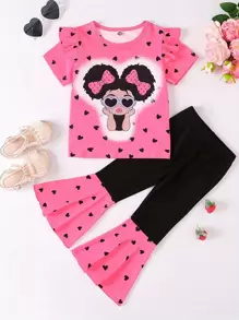 Young Girl Heart & Figure Graphic Ruffle Trim Tee & Flare Leg Pants
