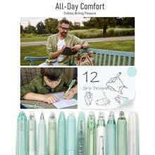 12Pack Pastel Christmas Gel Pens Set, Cute Note Taking 0.5mm Fine Point Retractable 11 Pack Black Ink Pens With 1Pack Highlighter For Writing, School, Office - màu xanh lá - Xem 3