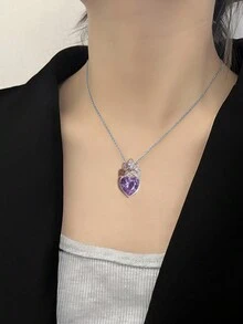 新款卡通挖空心形鑲嵌鑽石裝飾鎖骨鏈項鍊-銀色 - 鏤空鑲鑽心型吊墜愛心銀色鎖骨鏈 - 查看 2