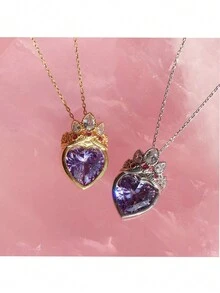 新款卡通挖空心形鑲嵌鑽石裝飾鎖骨鏈項鍊-銀色 - 鏤空鑲鑽心型吊墜愛心銀色鎖骨鏈 - 查看 4