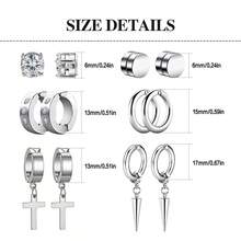 9pairs/Set Unpierced Stainless Steel Earrings Clip-On Set For Men And Women, With Cross, Lightning And Cone Pendants - Silver - View 2