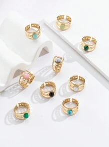 1入組新品18k鍍金天然綠松石鍊式不鏽鋼指環,女士專用 - 擁抱 - 查看 1