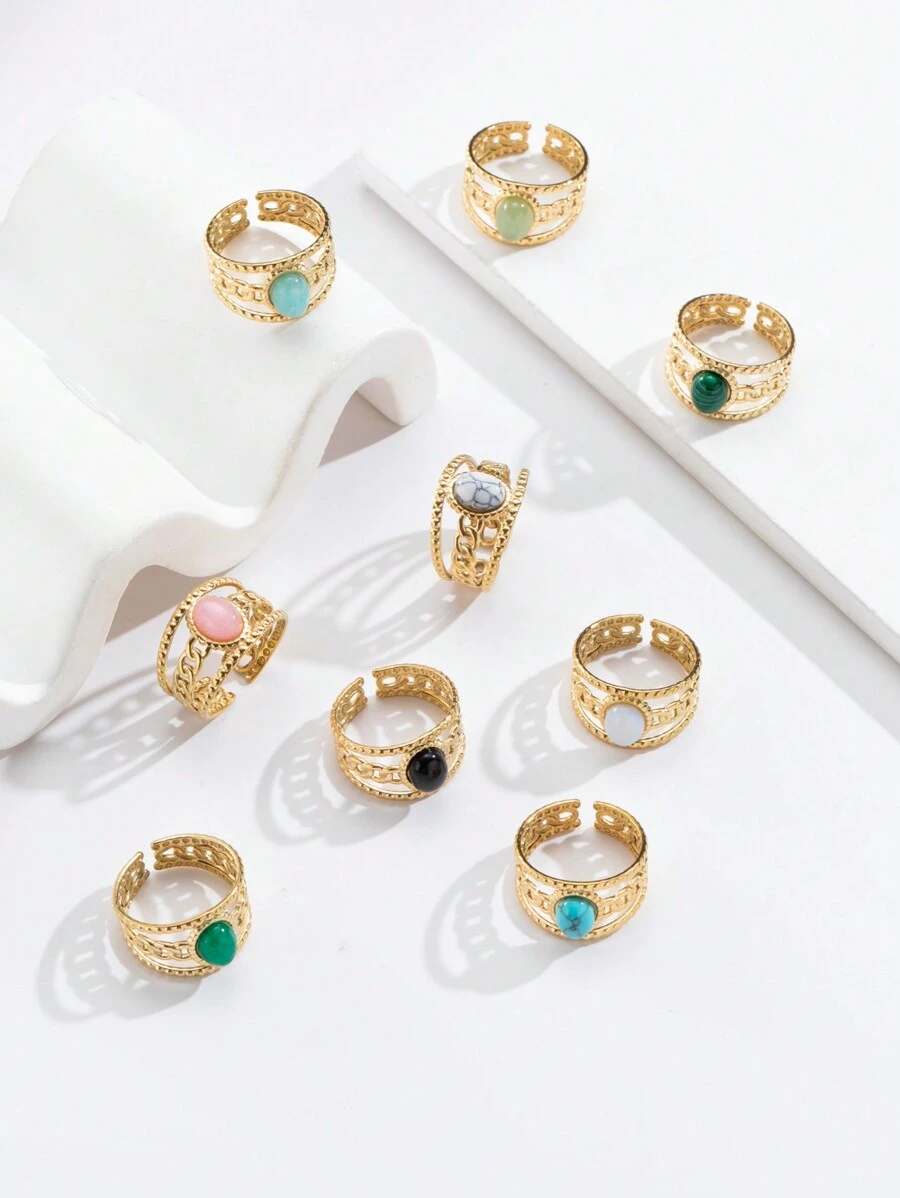 1入組新品18k鍍金天然綠松石鍊式不鏽鋼指環,女士專用 - 擁抱 - 查看 1