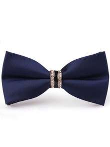 1pc Men's Vertical Stripe Rhinestone Decor English Style Bowtie, Deluxe Double-Layered Solid Colored Necktie - Navy Blue - View 2