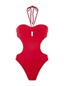 女士時尚halter領一件式泳衣,減肥優雅 - 紅色 - 查看 2