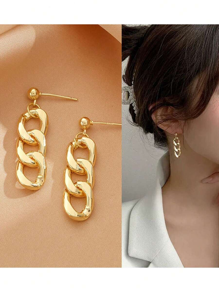 1pair Women's European And American Personalized Concise Copper Alloy Metal Chain Earrings - Gold - View 1