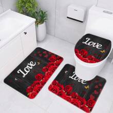 情人節浴室三件玫瑰圖案浴室地墊廁所蓋墊廁所u型墊柔軟吸水地毯老式木板式門墊家居裝飾38cm*45cm+40cm*50cm+50cm*80cm - 彩色 - 查看 1
