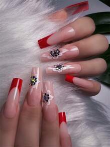 棺材形狀多彩壓克力指甲,配有花卉圖案和鑽石,紅色指尖,附帶1個指甲檔和1個果凍膠,可重複使用,適用於女士和女孩日常生活和派對 - 彩色 - 查看 1