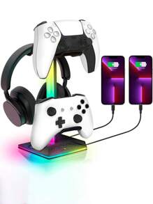 底部有4個遊戲手把掛鉤、耳機掛鉤、rgb發光氛圍燈以及2個usb插頭和type-c快充頭 - 黑色 - 查看 2