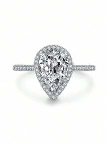 1個精美的奢華銀色立方氧化鋯水滴裝飾婚戒,浪漫婚禮珠寶,新娘婚禮精美珠寶,訂婚戒指 - 銀色 - 查看 2