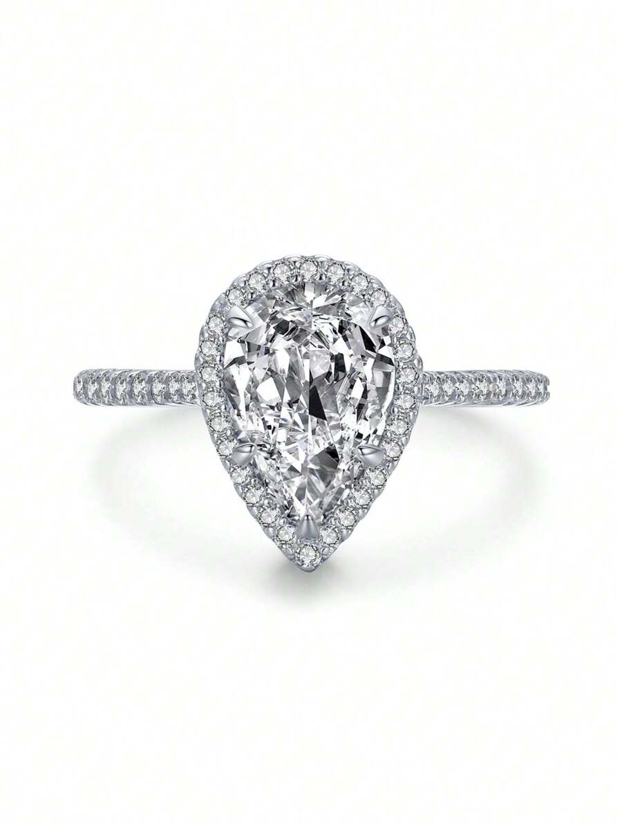 1個精美的奢華銀色立方氧化鋯水滴裝飾婚戒,浪漫婚禮珠寶,新娘婚禮精美珠寶,訂婚戒指