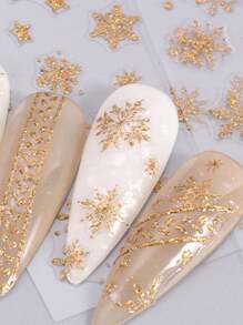 3d 金色閃光雪花指甲貼紙冬季反光白色毛衣明星舞者聖誕樹箔聖誕新年貼花技巧 - 芥末黃 - 查看 9