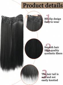 剪夾式假髮，16-32英寸長直黑金棕色V字形接髮，4個夾子隱形合成纖維防熱假髮 - 黑色 - 查看 6