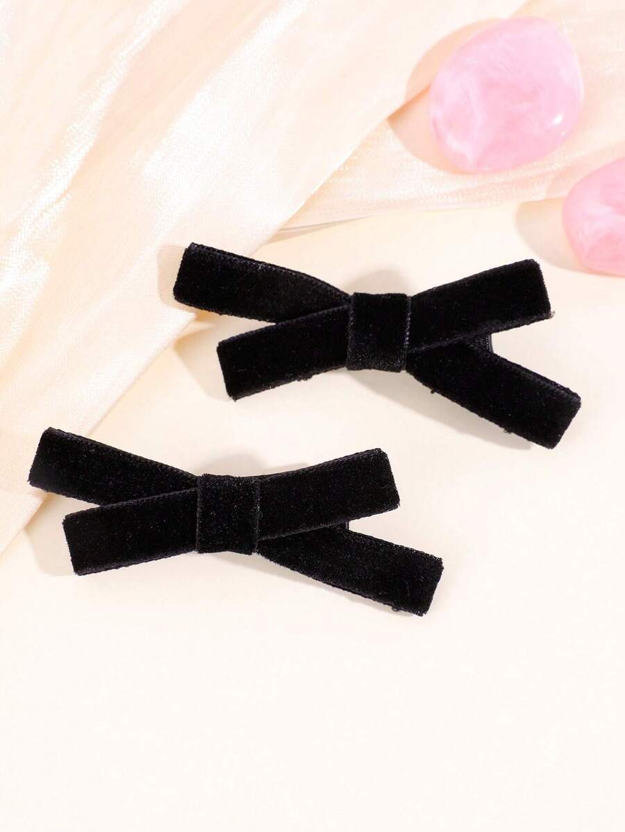 2 件装女孩黑色优质天鹅绒蝴蝶结发饰，全衬里蝴蝶结发夹，冬季可爱发夹，儿童婴儿发饰爱情人节 - 黑色 - 查看 1