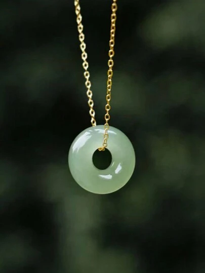 1pc 18K Gold Stainless Steel Faux Green Jade Round Pendant Necklace, Suitable For Women's Daily Wear, Valentine's Day Gift