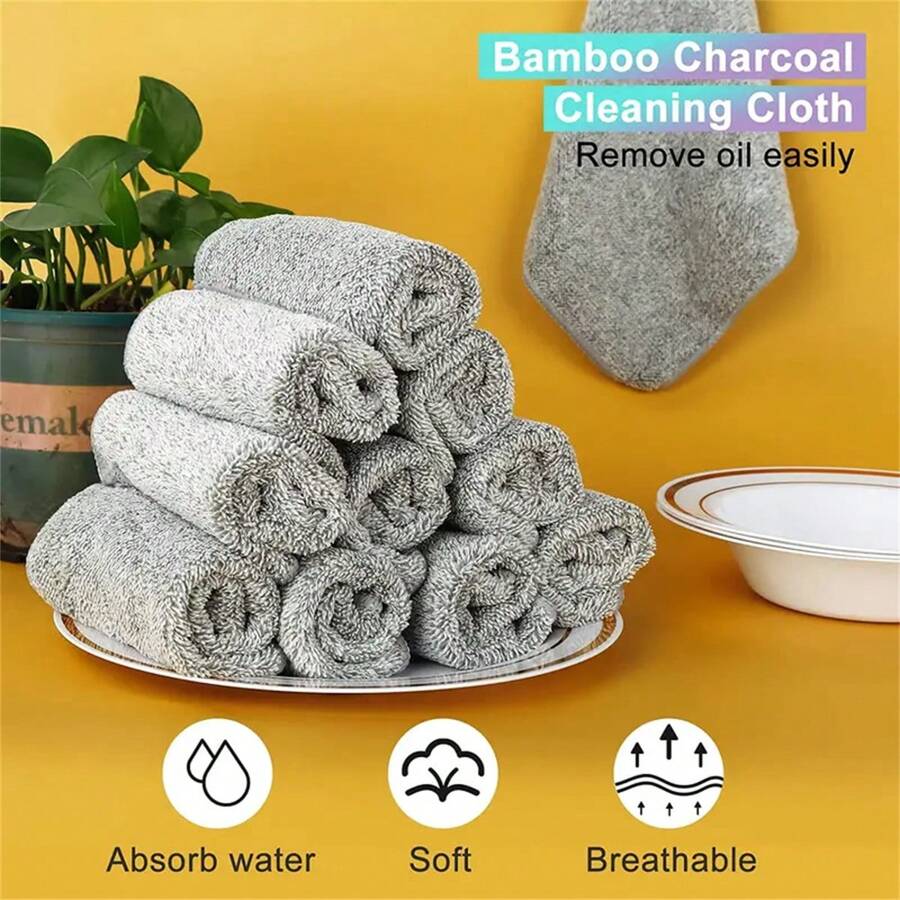 10pcs Gray UltraFine Fiber Cleaning Cloth, Square Sponge Cloth, Bamboo