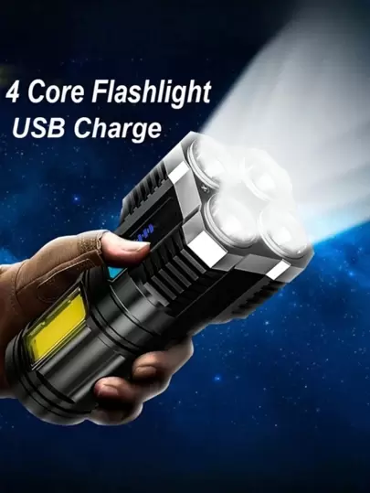 1pc/2pcs/3pcs Rechargeable LED Flashlight, Waterproof High Brightness Flashlight With 4 LED Bulbs, Battery Level Display, COB Side Light, Multifunctional Portable Flashlight For Outdoor, Hiking, Camping