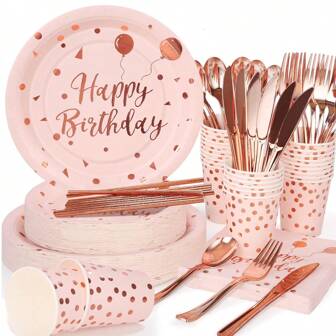 84 件玫瑰金生日派对用品套装，烫金一次性餐盘，7/9 英寸粉色底座玫瑰金派对盘子，烫金一次性纸盘、杯子和餐巾套装，适用于生日派对装饰