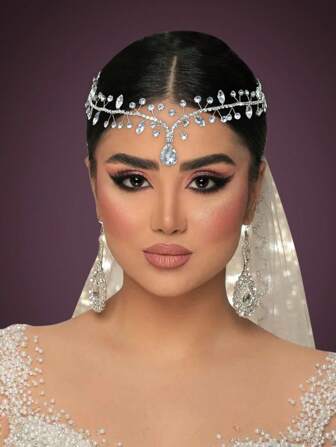 Moño nupcial simple con tiara de pedrería, cinta para la cabeza con diseño de gota de agua, accesorios, cadena del cabello para la frente, accesorios simétricos elegantes