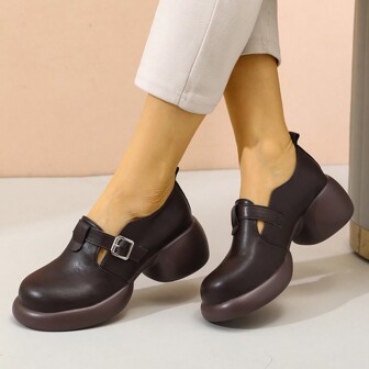 2024 Cross-Border Thick Bottom Women's Small Leather Shoes To Increase Height, Round Toe, Belt Buckle And Thick High Heels