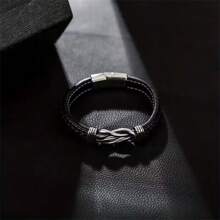 跨國簡約時尚男士皮手鍊,個性潮流合金腕帶,男士磁力扣手鍊 - 黑色 - 查看 6