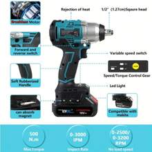 Newone 18v 1/2吋無刷無線沖擊起子,最大扭矩500n.m,2000 Mah電池,3個驅動沖擊轉子,快速eu充電器 - 藍色 - 查看 3