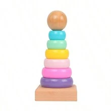 1件原木小圓柱套裝兒童智力彩虹塔馬卡龍色木製玩具塔 - 彩色 - 查看 10