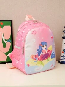 1pc Nylon Cartoon Dinosaur & Mermaid Pattern School Backpack With Zipper Closure, Lovely Daily Style Shoulder Bag For Boys And Girls, Daily Use - Pink - View 5