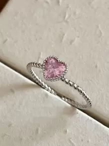 LEKANI 女士s925銀開放式戒指,粉色立方氧化鋯心形設計,獨特又甜美,送給女友或閨蜜的完美禮物 - 銀色 - 查看 1