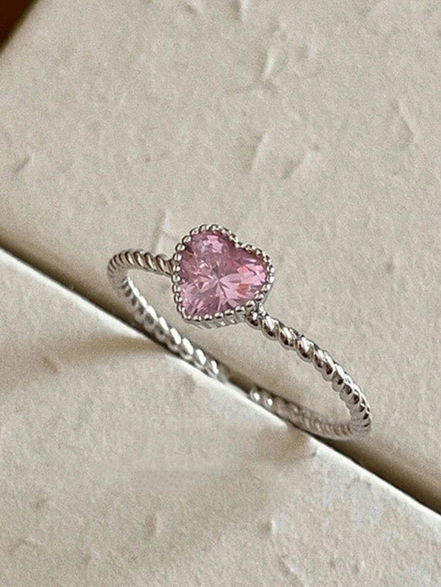 LEKANI 女士s925銀開放式戒指,粉色立方氧化鋯心形設計,獨特又甜美,送給女友或閨蜜的完美禮物 - 銀色 - 查看 1