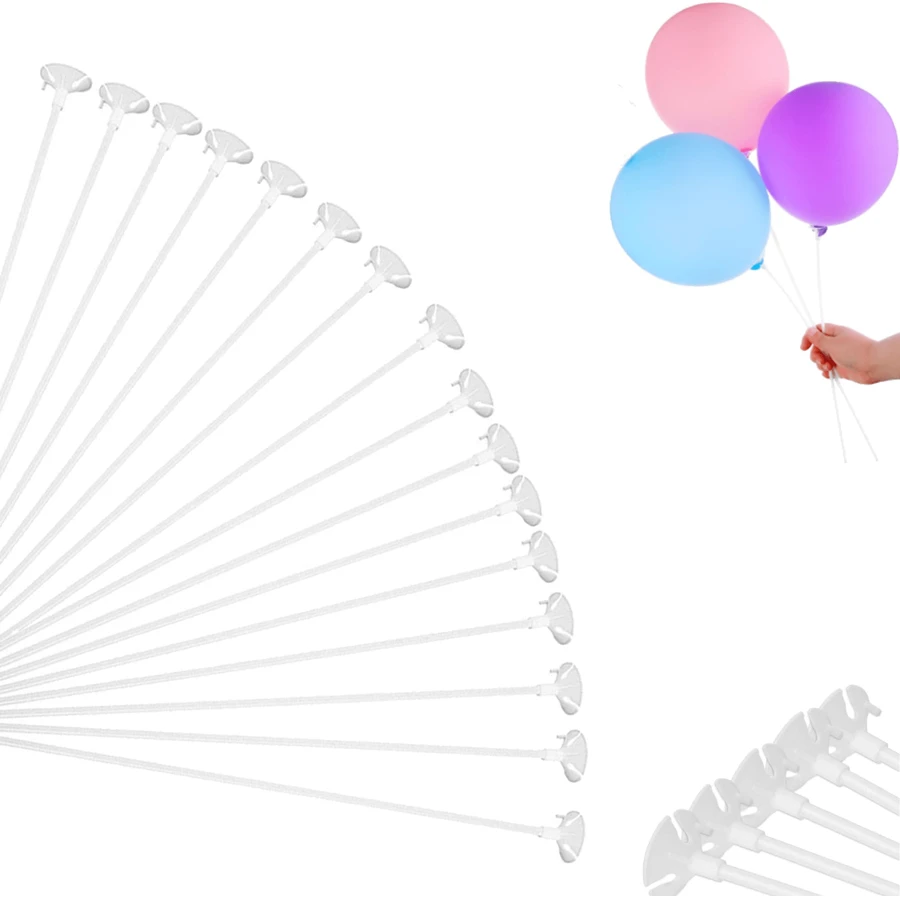 50 件白色气球棒、白色塑料气球棒支架、带杯子的塑料白色气球棒、可重复使用的气球支架套装，适用于生日派对、婚礼、周年纪念装饰